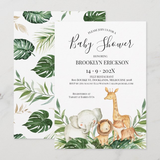 Safari Animals Foliage Baby Shower Invitation (Front/Back)
