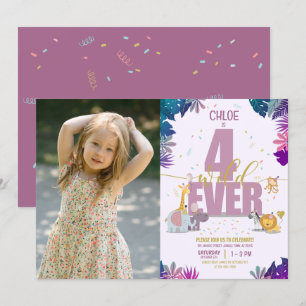 Safari Animals Four Ever Wild Girl Photo Birthday Invitation