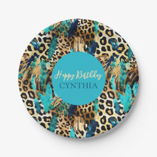 Safari Animals' Fur Prints Pattern Blue and Gold Paper Plate