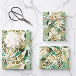 Safari Animals' Fur Prints Pattern Green and Gold Wrapping Paper Sheet