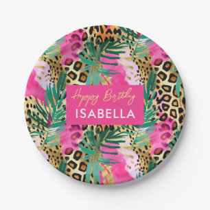 Safari Animals' Fur Prints Pattern Green Pink Gold Paper Plate