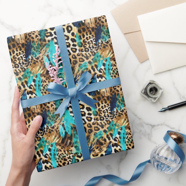 Safari Animals' Fur Prints Pattern Teal Blue Gold Wrapping Paper (Gifting)