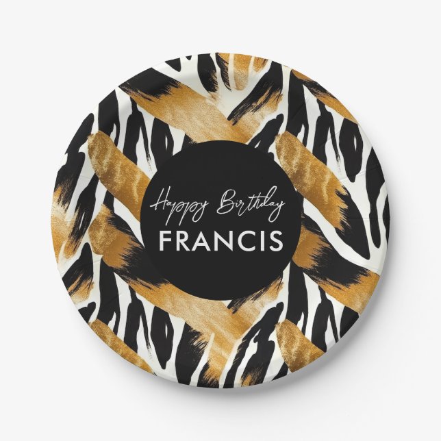 Safari Animals' Fur Prints Patterns Black and Gold Paper Plate (Front)