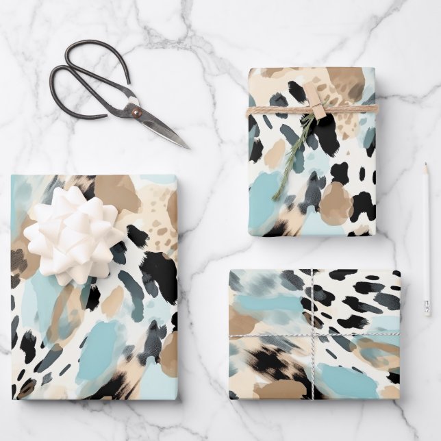 Safari Animals Fur Prints Patterns Blue and Beige Wrapping Paper Sheet (Front)