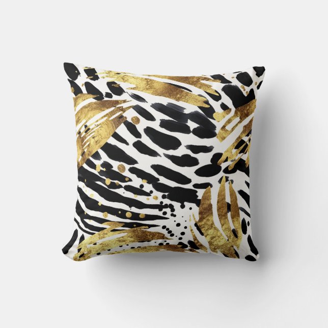Safari Animals' Fur Prints Patterns Gold & Black Throw Pillow (Front)