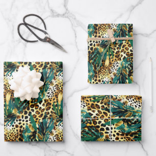 Safari Animals' Fur Prints Patterns Green and Gold Wrapping Paper Sheet