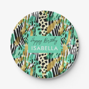 Safari Animals' Fur Prints Patterns Green Paper Plate