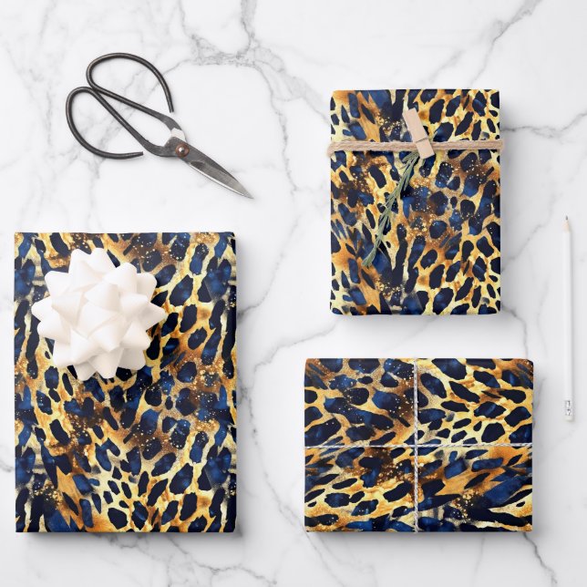 Safari Animals' Fur Prints Patterns Navy Blue Wrapping Paper Sheet (Front)
