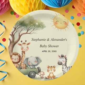 Safari animals gender neutral baby shower round paper plate