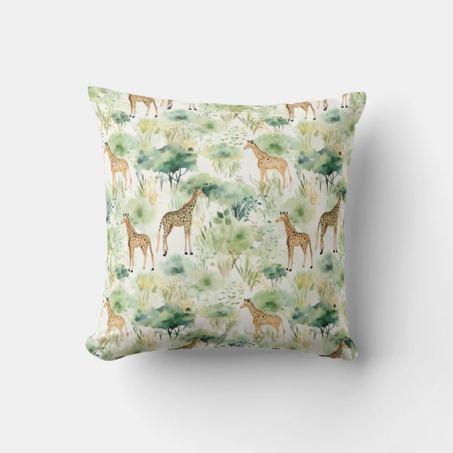 Safari Animals - Giraffes Watercolor Green Beige Throw Pillow (Front)