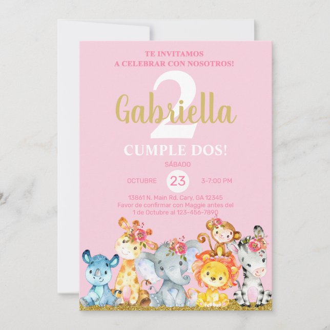 Safari animals girl birthday invite, pink any age. invitation (Front)