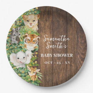 Safari Animals Gold Glitter Rustic Baby Shower Paper Plate