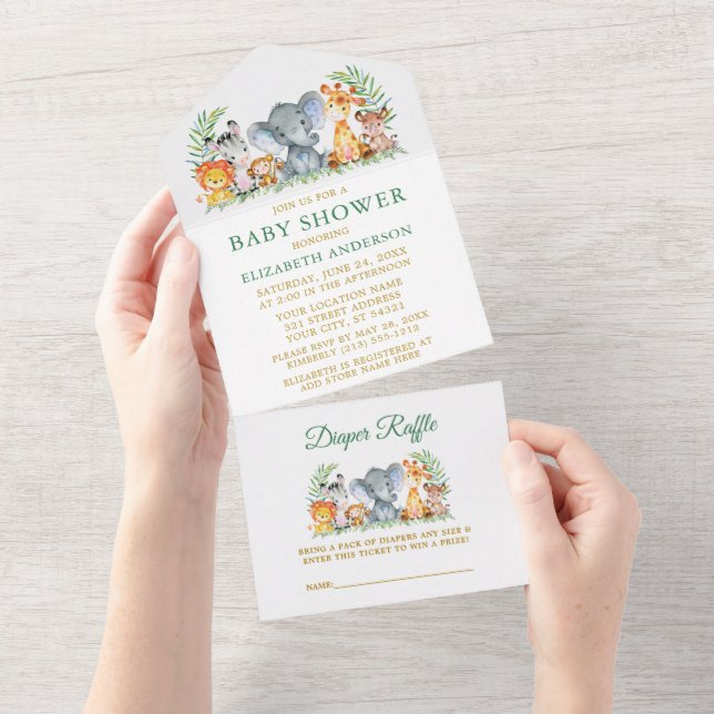 Safari Animals Green Baby Shower and Raffle Gold All In One Invitation (Tearaway)
