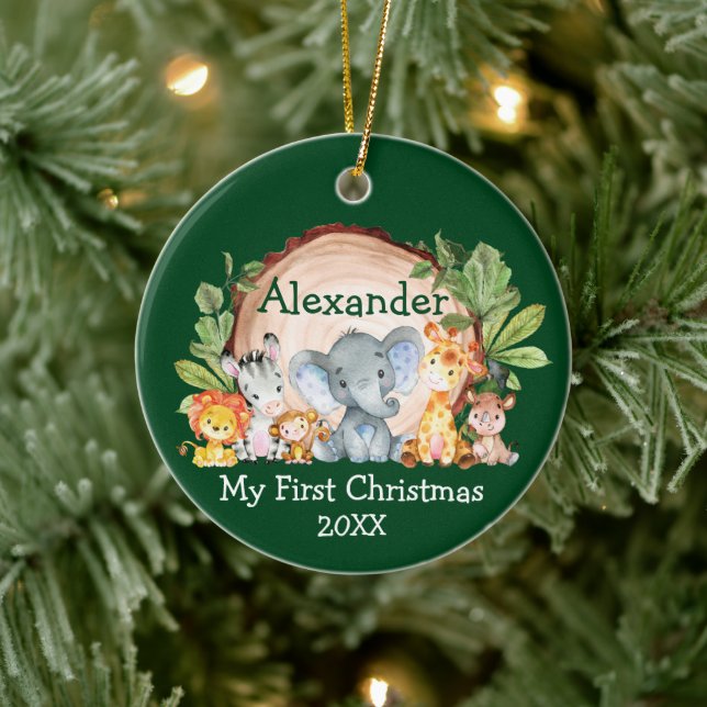 Safari Animals Greenery Baby My First Christmas Ceramic Ornament (Tree)
