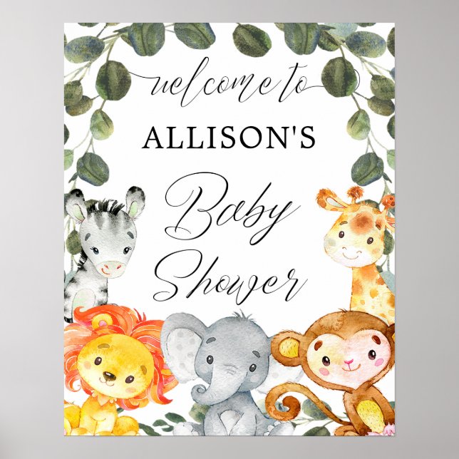 Safari animals greenery baby shower welcome sign (Front)