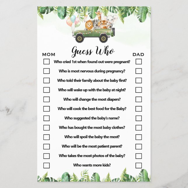 Safari Animals Guess Who Baby Shower Game Card (Front)