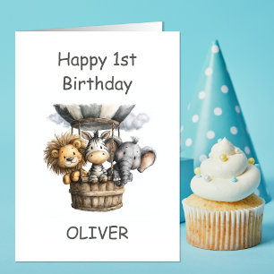 Safari Animals in Hot Air Balloon 1st Birthday Card