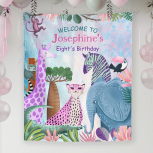 Safari animals jungle birthday watercolor girl tapestry