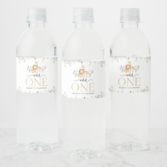 Safari Animals, Jungle, Wild One, First Birthday Water Bottle Label (Bottles)