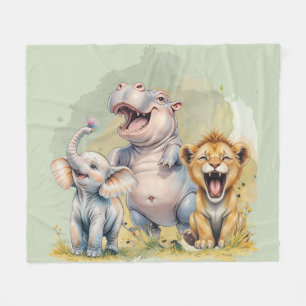 Safari Animals Lion Hippo Elephant Fleece Blanket