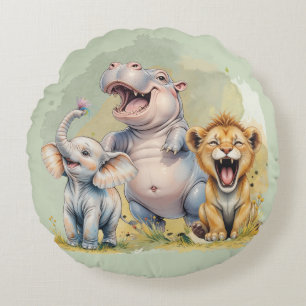 Safari Animals Lion Hippo Elephant Round Pillow