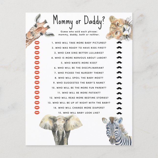 Safari animals - mommy or daddy baby shower game (Front)
