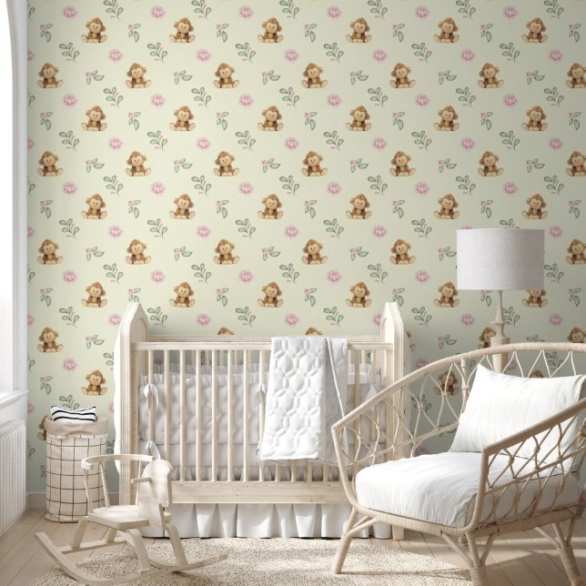 Safari Animals Monkey Pink Floral Baby Girl  Wallpaper (Kids)