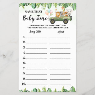 Safari Animals Name Baby Tune Shower Game card