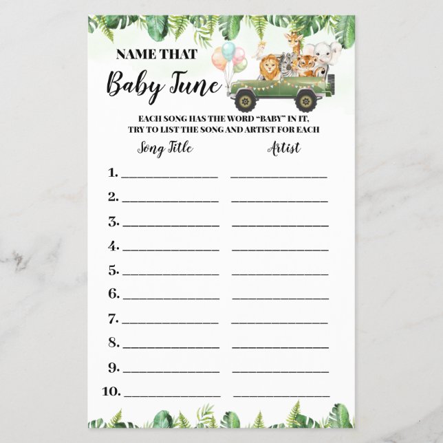 Safari Animals Name Baby Tune Shower Game card (Front)