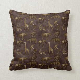 Safari Animals on Dark Brown Throw Pillow