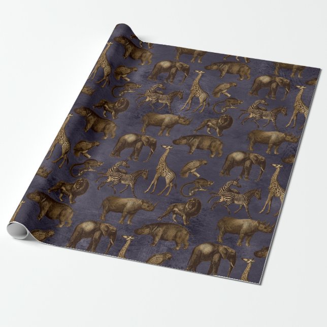 Safari Animals on Dark Purple Wrapping Paper (Unrolled)