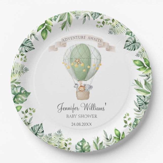 Safari animals on Hot air balloon baby boy shower Paper Plate (Front)