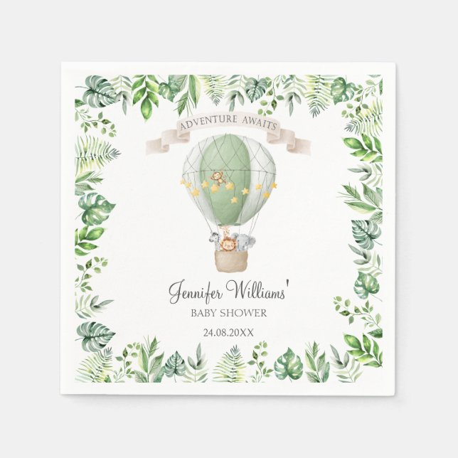 Safari Animals on Hot Air Balloon Baby Shower Napkin (Front)