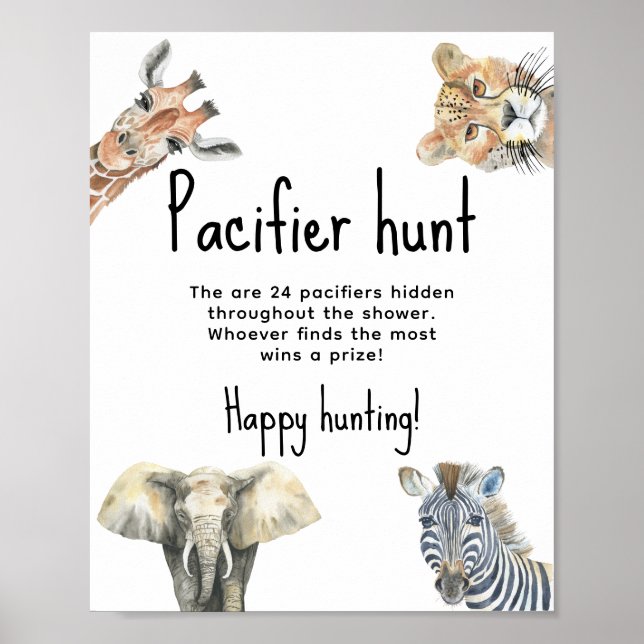 Safari animals - Pacifier hunt game baby shower Poster (Front)