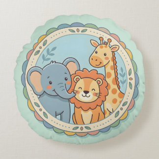 Safari Animals Pastel Elephant Lion Giraffe Round Pillow