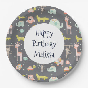 Safari Animals Pattern Nursery Art Happy Birthday Paper Plate
