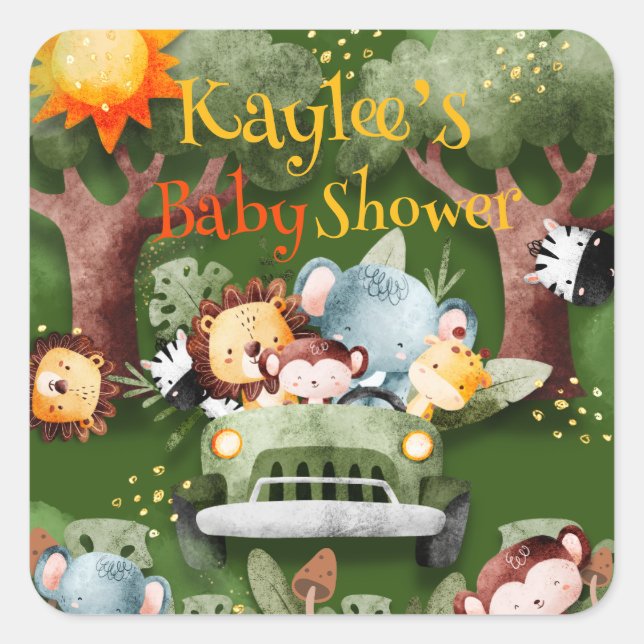 Safari Animals Personalized Baby Shower Square Sticker (Front)