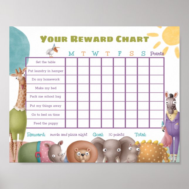 Safari Animals Reward Chore Chart Poster (Front)