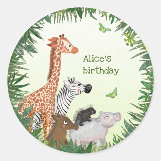 Safari animals round birthday party stickers (Front)