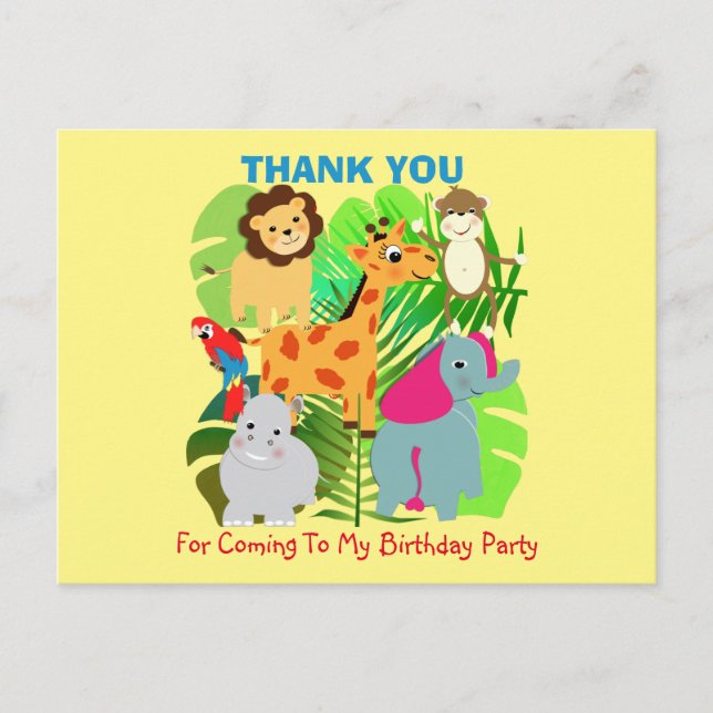 Safari Animals Themed Kids Thank You Postcard (Front)