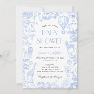Safari Animals Toile De Jouy Boy Baby Shower Invitation