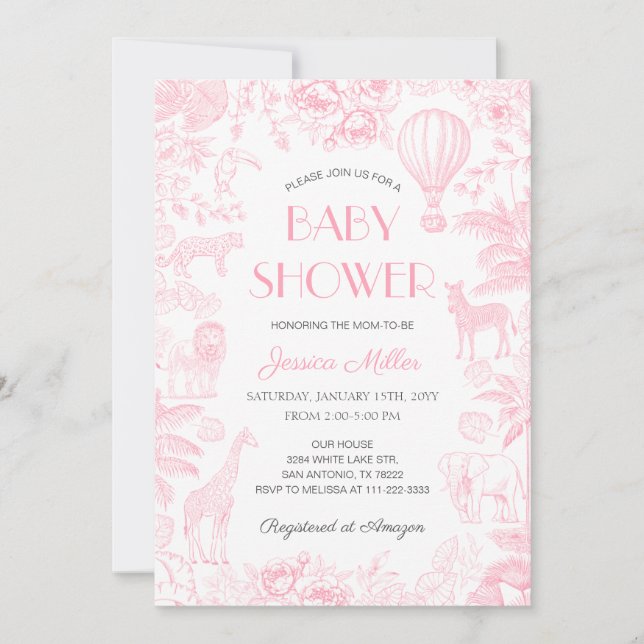 Safari Animals Toile De Jouy Girl Baby Shower Invitation (Front)