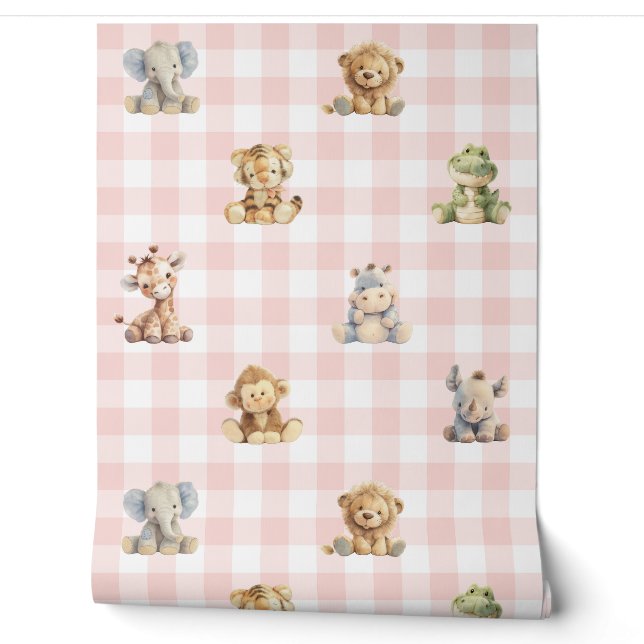 Safari Animals Toys Pink Plaid Baby Girl Nursery Wallpaper (Unrolling)
