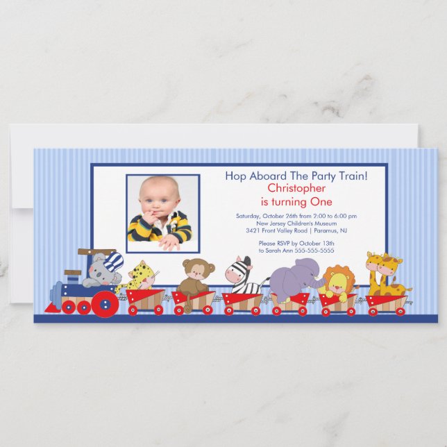 Safari Animals Train Birthday Invitation (Front)