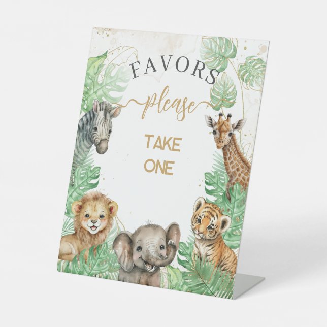Safari animals Tropical greenery Baby Shower favou Pedestal Sign (Front)