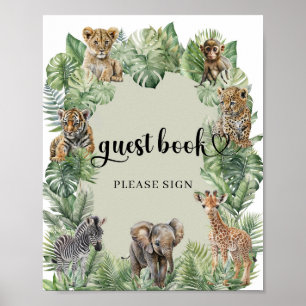 Safari animals Tropical greenery guest book sign