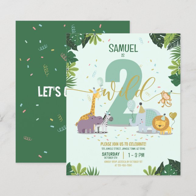 Safari Animals Two Wild Budget Birthday Invitation (Front/Back)