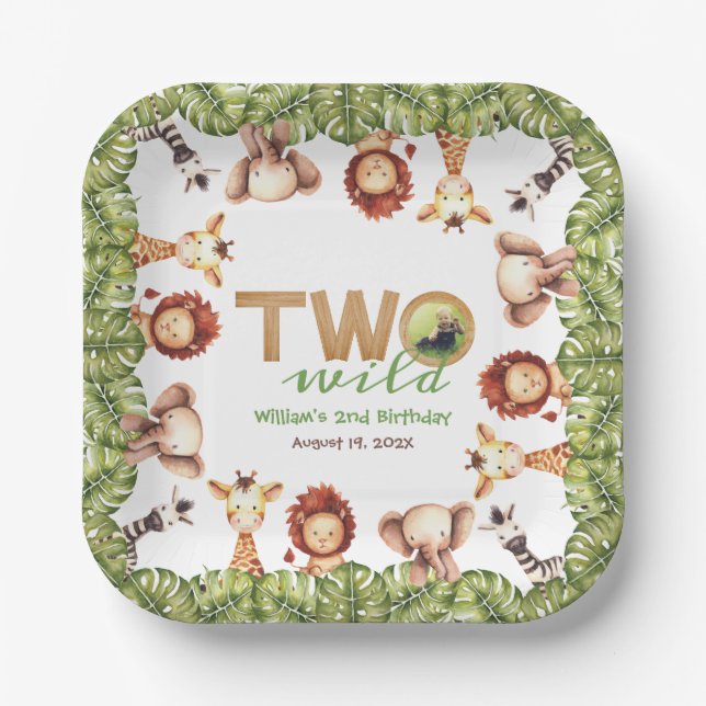 Safari Animals Two Wild Wood Photo 2nd Birthday Paper Plate (Front)