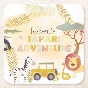 Safari Animals Watercolor Birthday Party Circle  Square Paper Coaster