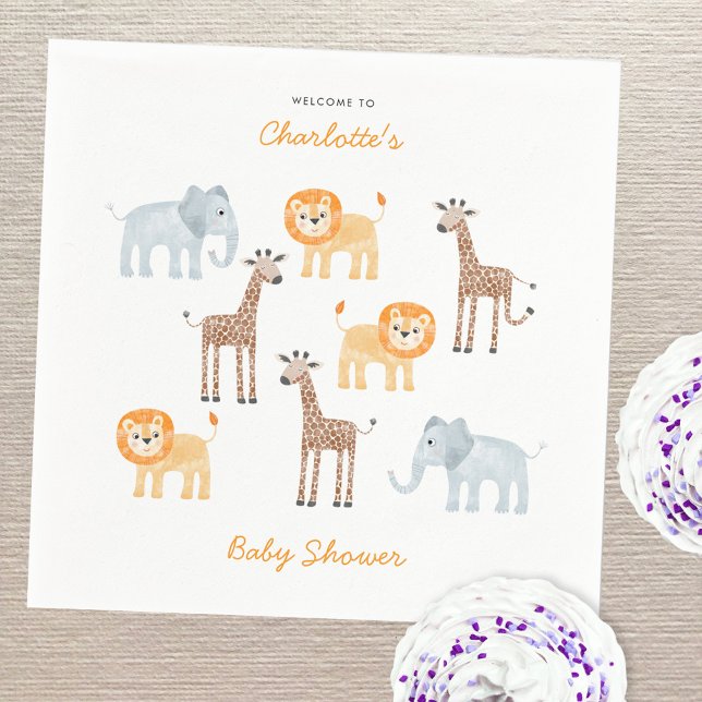 Safari Animals Watercolor Personalized Baby Shower Napkin (Fun watercolor baby safari animals personalized baby shower party paper napkins)